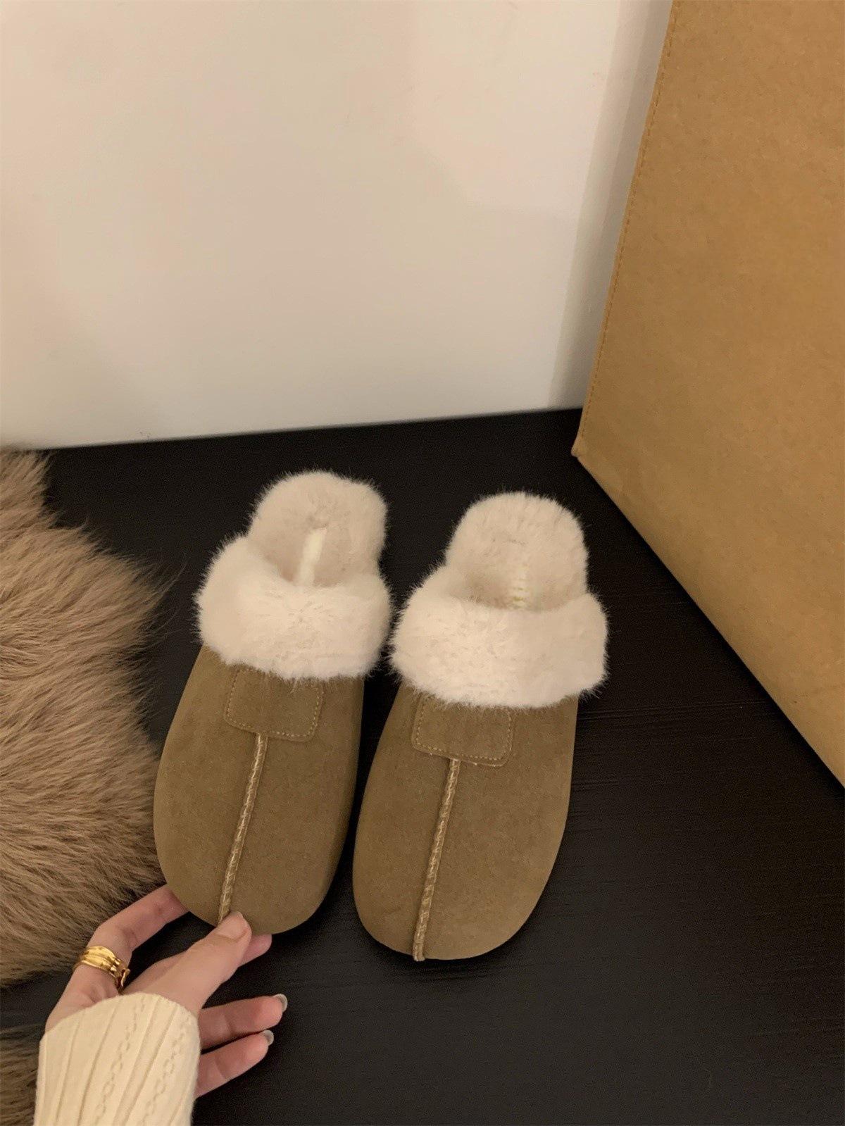 

Плоские тапочки Boken в стиле ретро, женские туфли, новинка 2024 года, осенне-зимние туфли Baotou Half-Drag Snow Cotton 40 хаки