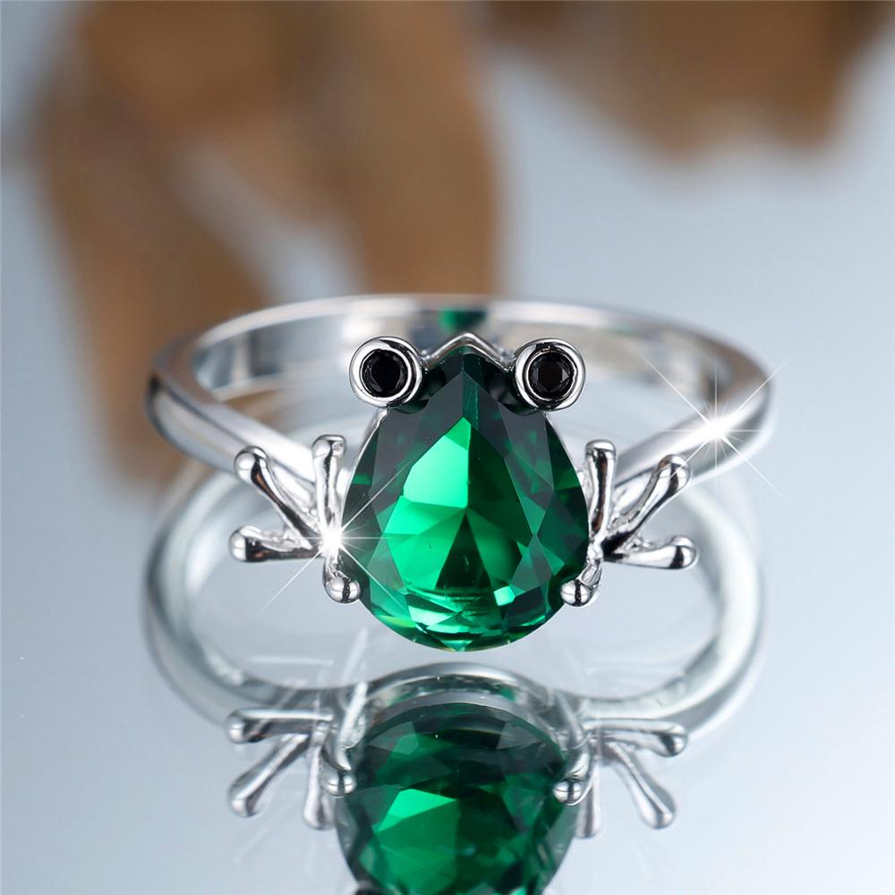 Trendy Crystal Green Zircon Silver Color Wedding Bands Cute Flog Rings For Women Men Minimalist Jewelry