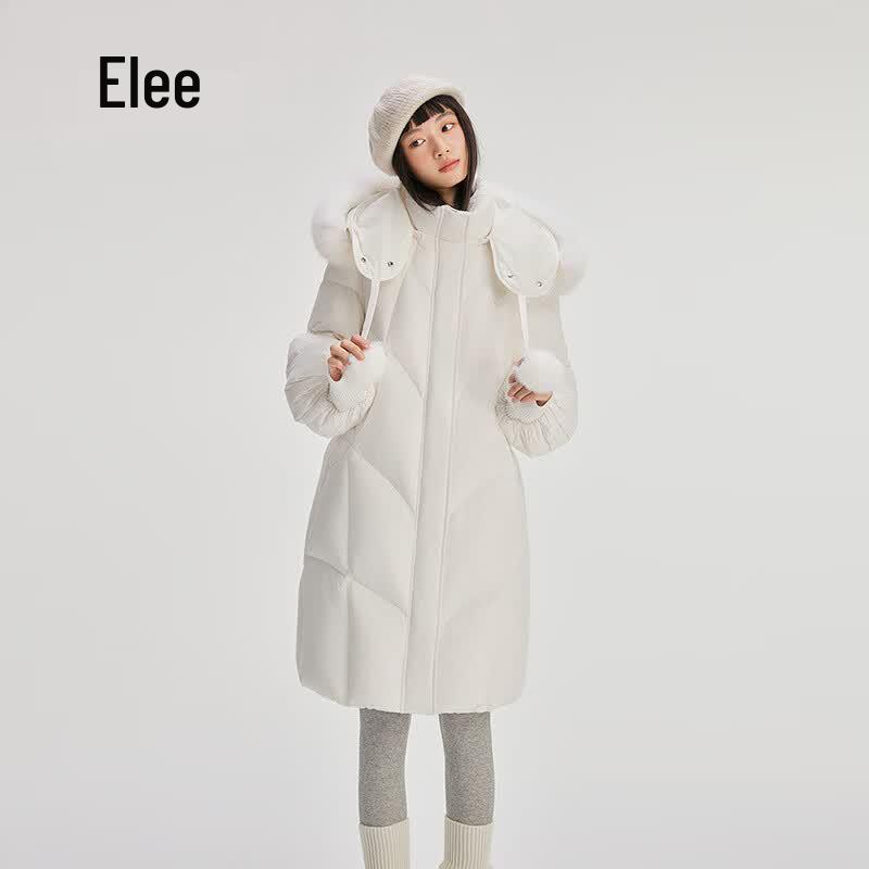 Women's Sweet Pom-Pom Hooded Long Duck Down Coat
