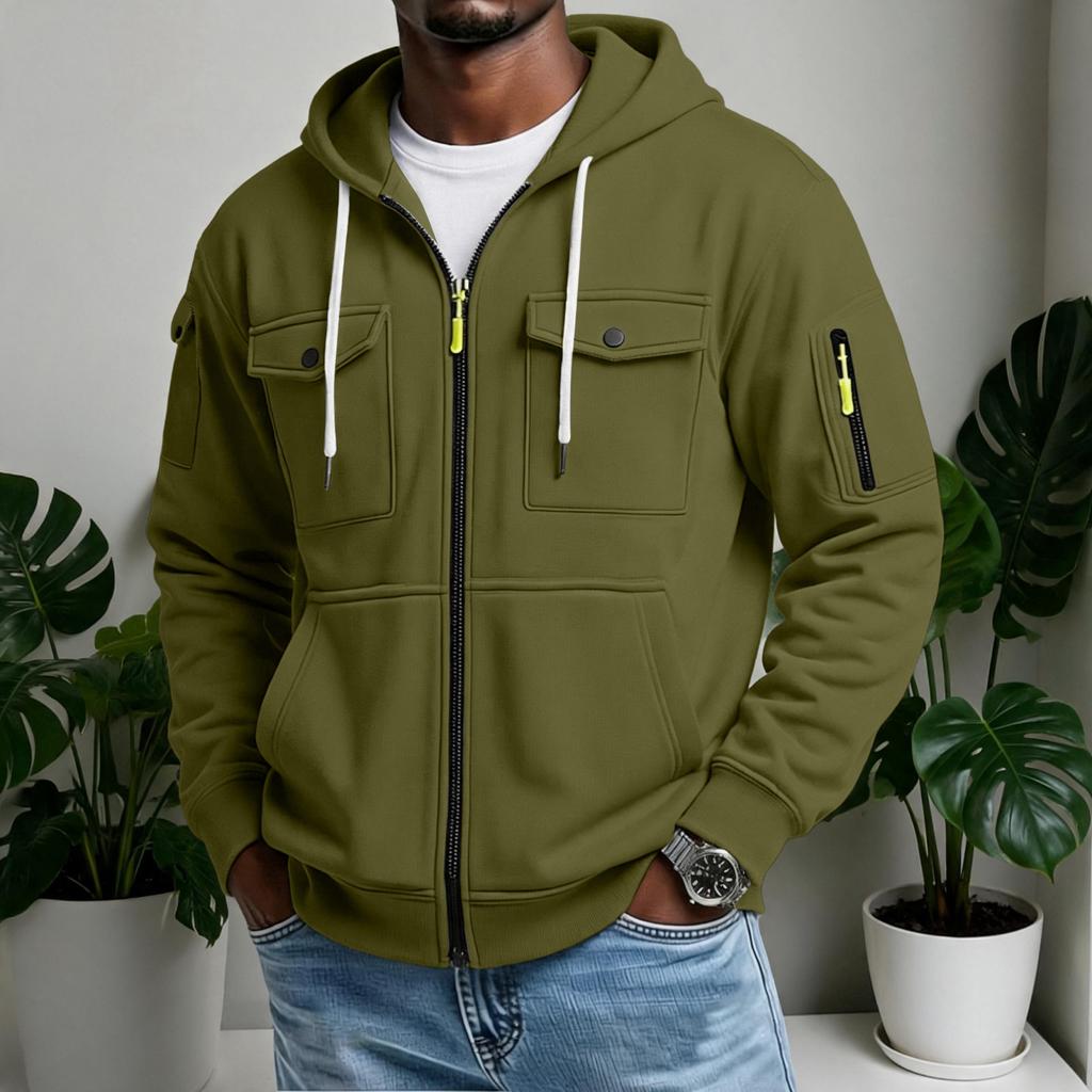 Men's Casual Multi-Pocket Zip Hoodie, Outdoor Cargo Jacket for Sports and Daily Wear