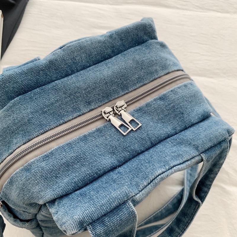Women Cartoon Embroidery Denim Tote Bag Carry Handbag with Detachable Crossbody Strap Large Capacity Washed Jean Casual Daily Shopping Messenger