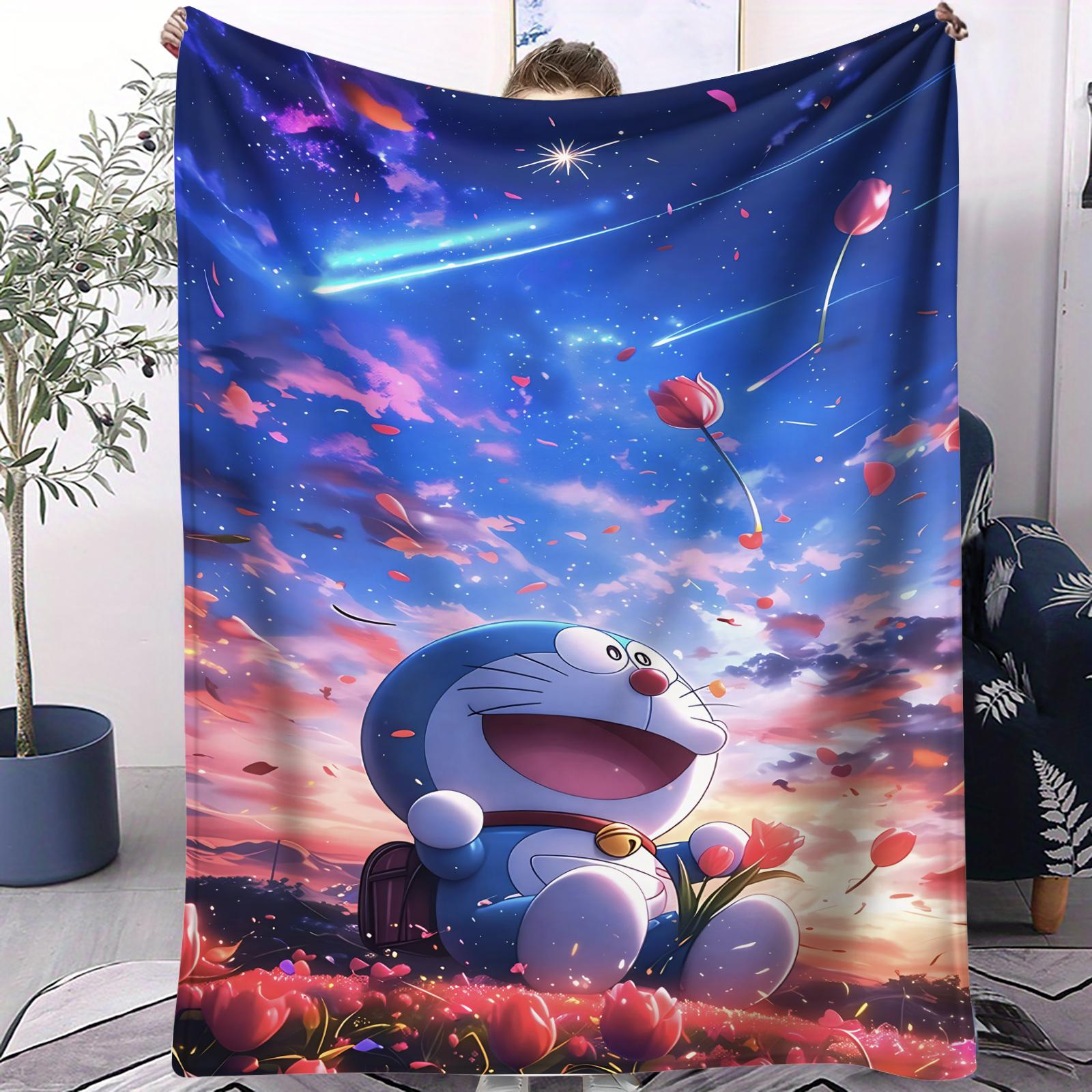 

Doraemon in the Sea of Tulip Flowers Print Blanket For Office Travel Comfort Leisure Camp Multifunctional Universal Blanket Gife 70x100cm