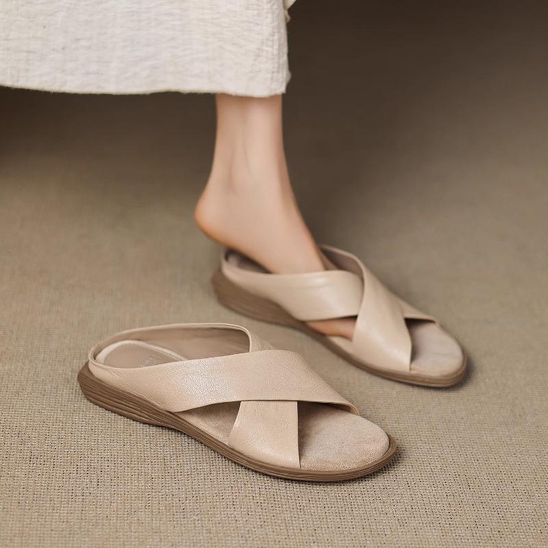 

[] Retro cross with open-toed half slippers women s season new versatile outer wear soft bottom lazy cool 35 абрикосовый