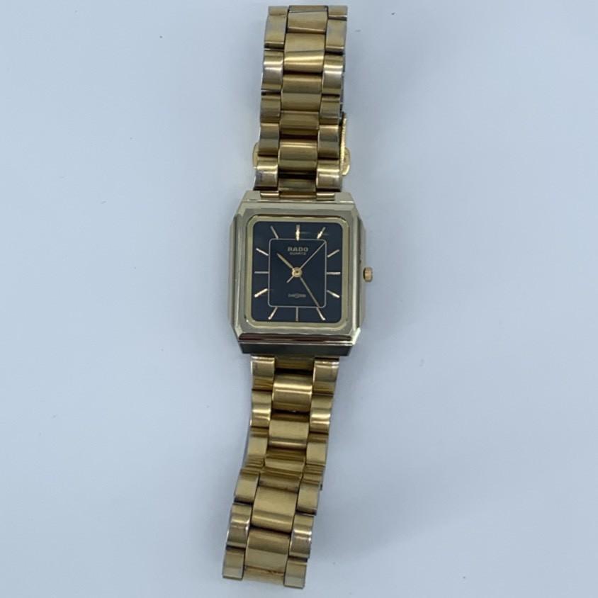 New Batteries Working Good RADO DIASTAR 110.9518.3 Quartz QZ Square Black and Blue Dial Gold Tone Stainless Steel 3-Hand Watch Cleaned