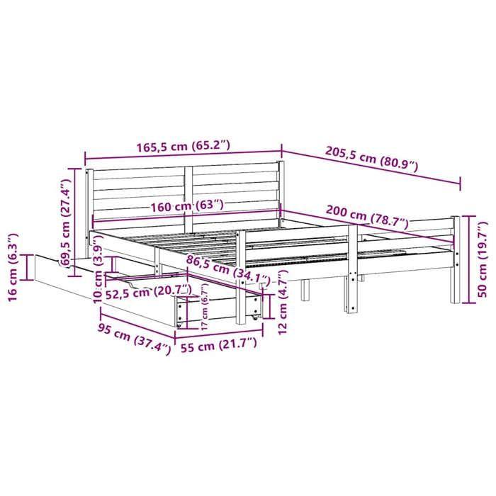 VidaXL Cadre de lit sans matelas 160x200 cm bois massif de pin 3301614