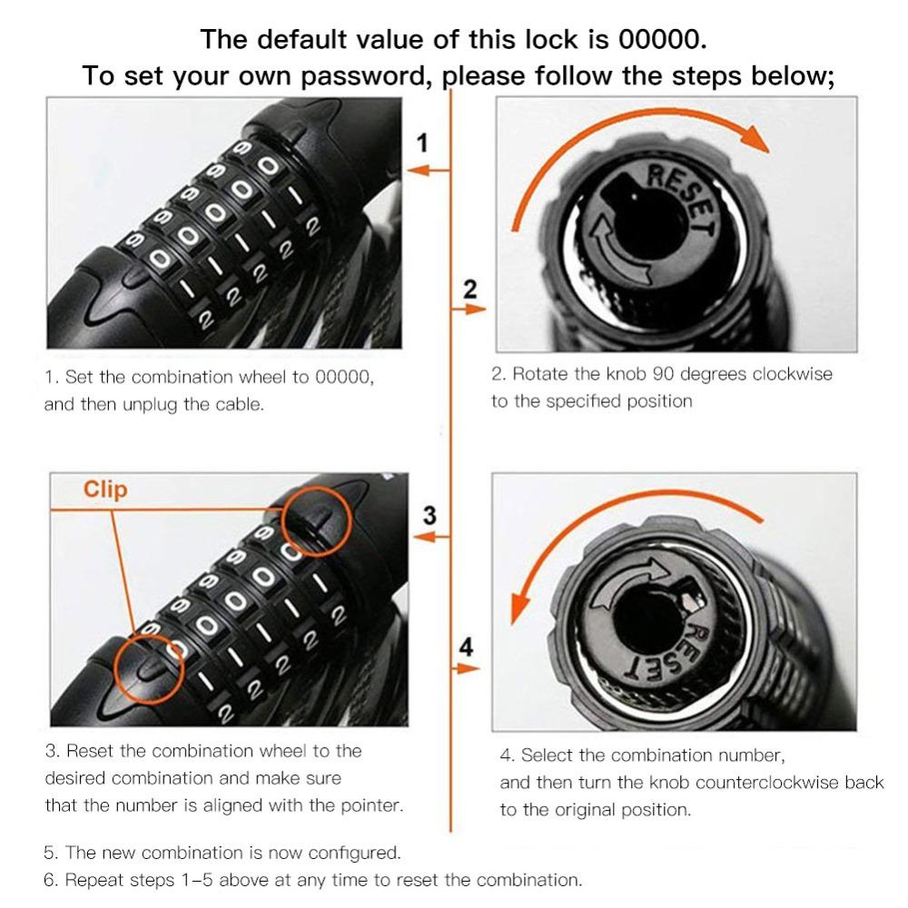 Durable 5-Digit Code Bike Lock with Mounting Bracket 1.2M Length Mountain Bicycle Lock Resettable Easy To Use Coded Lock Cycling