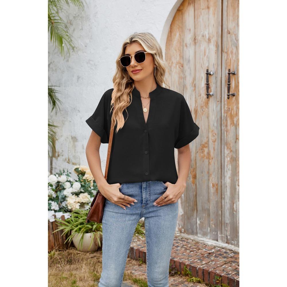 Sommer Neue Einfarbig V-ausschnitt Lose Kurzarm Button-Down Chiffon Hemd