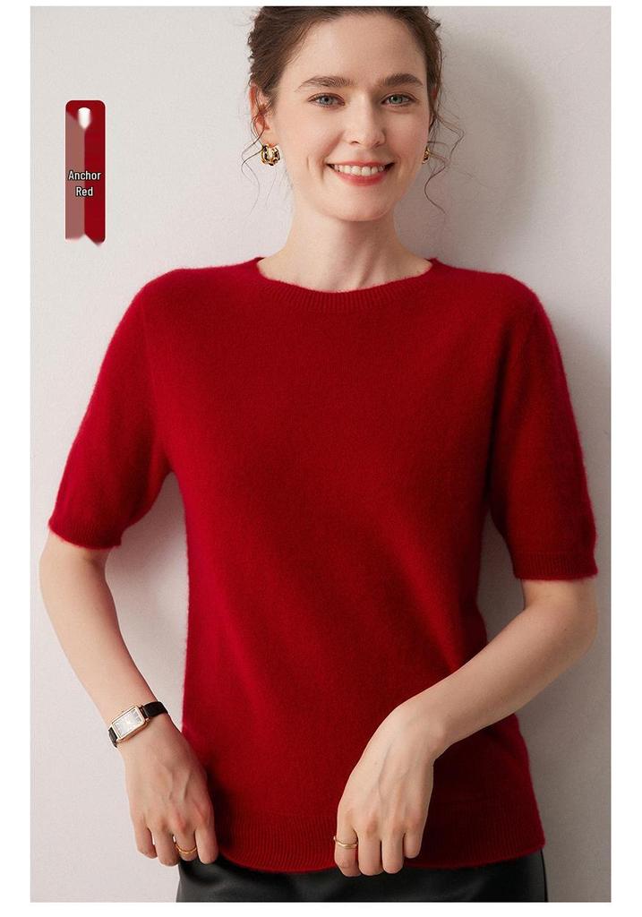 100% Pure Cashmere Round Neck Short Sleeve Pullover Sweater - Solid Color, Loose Fit for Autumn/Winter
