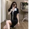 Polo Collar Hepburn Style Small Black Dress Summer Professional Leisure Short-sleeved Color Matching Dress Covering Meat Medium and Long T-shirt Skirt