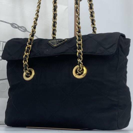 PRADA Shoulder Bag Quilted Gold Chain Tessuto Nylon Leather Black Women's Triangle Plate Logo
