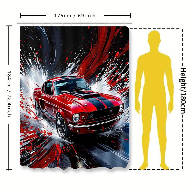 Speed Passion Red Mustang Shower Curtain for Bathroom - Vintage Car Design with Dynamic Splash Effect Waterproof  Durable