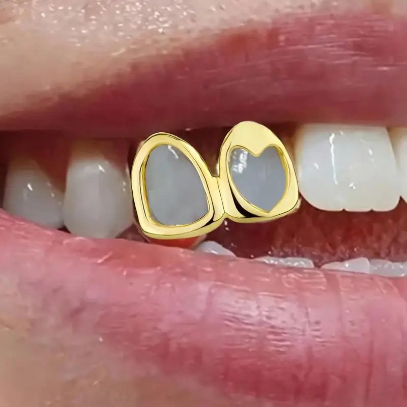 Hollow Heart Star Teeth Grillz Double Cap Dental Grills Hip Hop Tooth Caps Glossy Metal Teeth Decor For Party Cosplay Wear