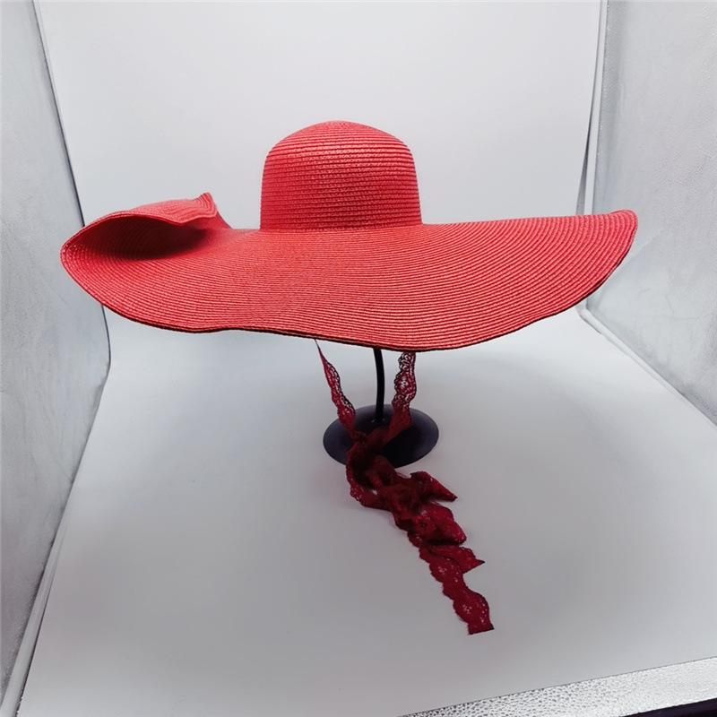 Summer 2022 New Red Large Eaves Lace Strap Ladies Beach Hat Sun Shade Straw Hat 23cm Collapsible Oversized Beach Hat