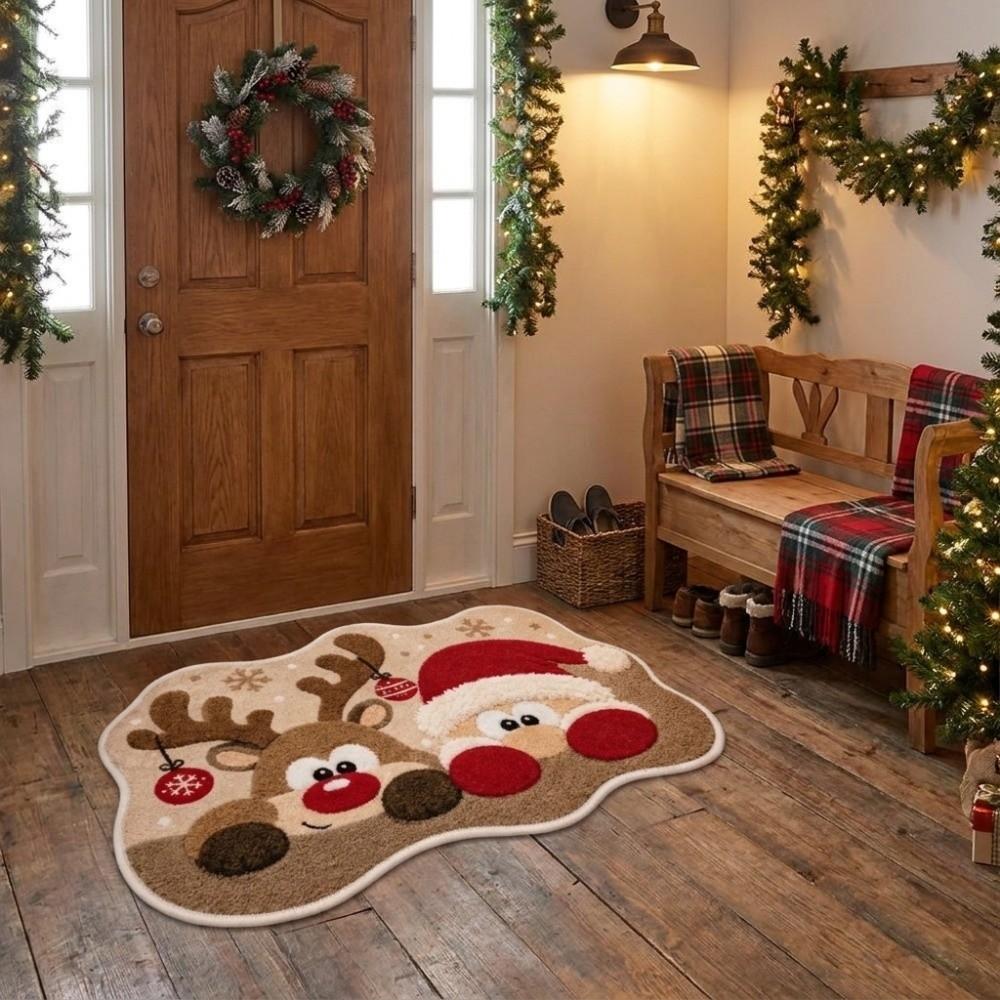 Non-Slip Reindeer Print Rug Imitation Cashmere Entryway Mat Christmas Irregular Rug Christmas