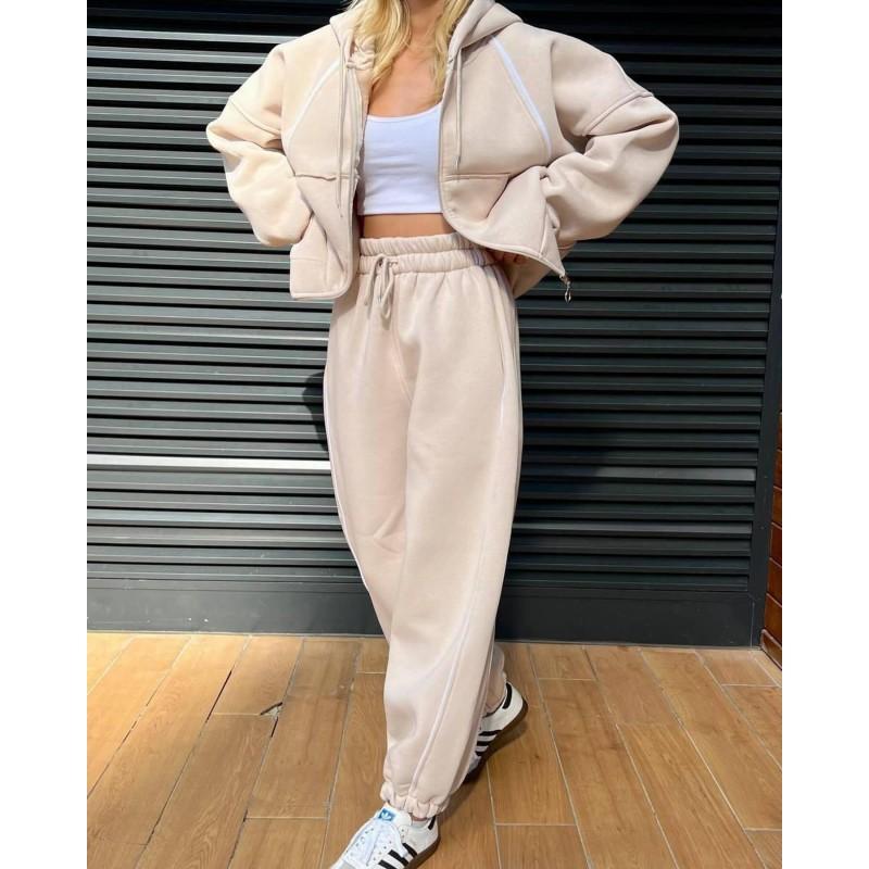 Womens Fall Casual Striped Hooded Cardigan Tracksuit Pants Set Sportswear