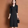 Knitted Dress Women Autumn Temperament V Neck Dress Spring and Autumn Solid Long Sleeve Sweater Long Dress Pullover Female