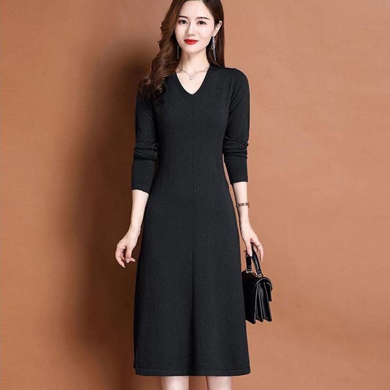 Knitted Dress Women Autumn Temperament V Neck Dress Spring and Autumn Solid Long Sleeve Sweater Long Dress Pullover Female