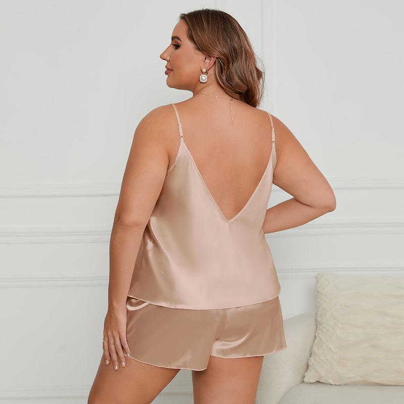 Plus Size Women's New Ice Silk Sexy V Neck Halter Shorts Pajamas Set