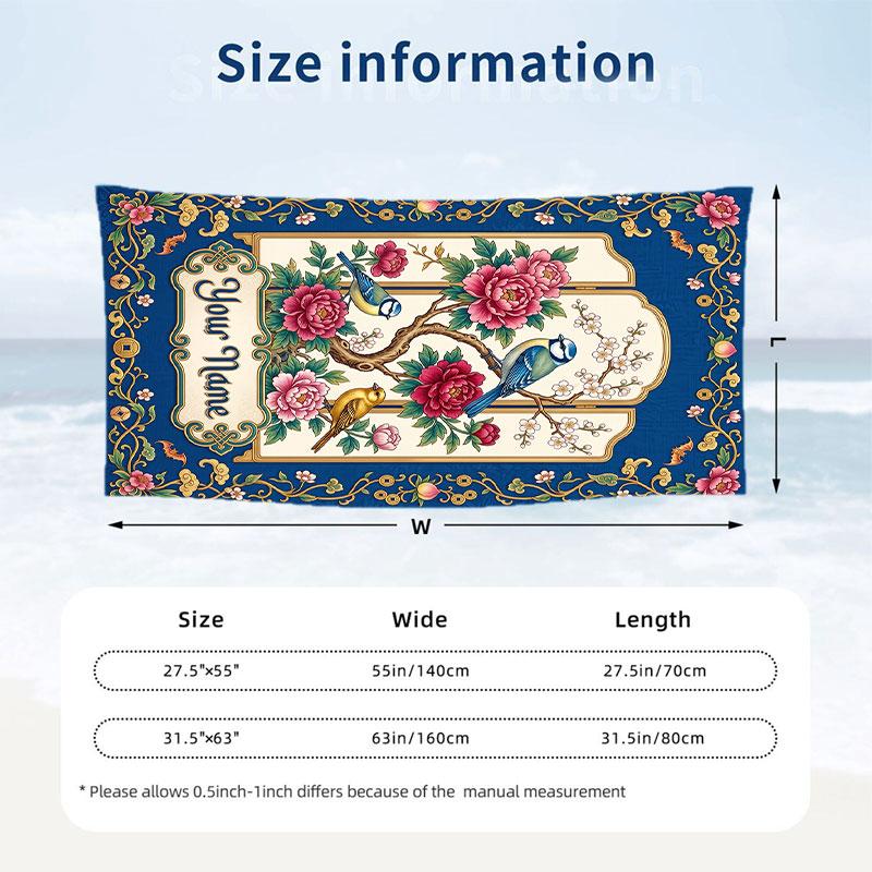 Floral Birds Artwork 1 Theme Quick Dry Beach Towel Custom Name Text Print Large Sand Resistant Towel Beach Vacation