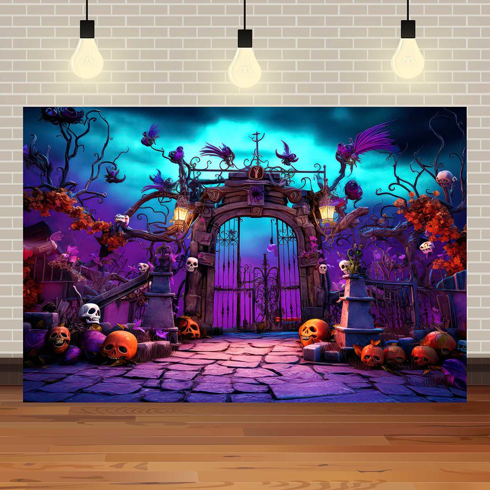 Halloween Eve Theme Skull Flowers Night Castle Moon Pumpkin Lights Skeleton Family Party Kids Photography Background Studio Prop387