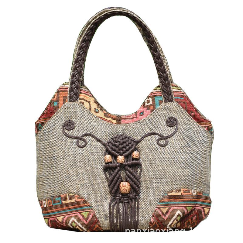 Vintage Leinen Handtasche für Damen Nationaler Stil Top-Handle Tasche Mittleren Alters Damen Schultertasche Kunst Tote Mutter Geldbörse 2025