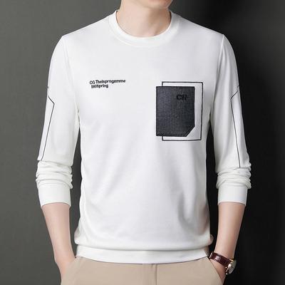 Men's Spring and Autumn Round Neck Slim Solid Color Applique Embroidered Hoodie Youth Fashion Casual Base T-shirt