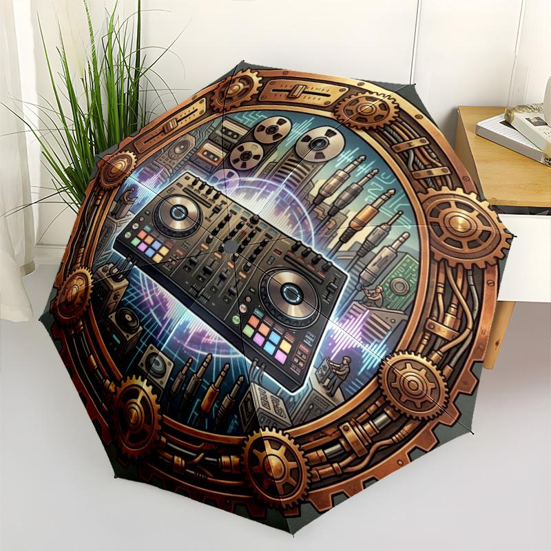 Steampunk DJ Gear Pattern Umbrella, Portable and Foldable Design, 8 Ribs, a Casual Accessory for Halloween, Christmas, and Birthday Gifts.