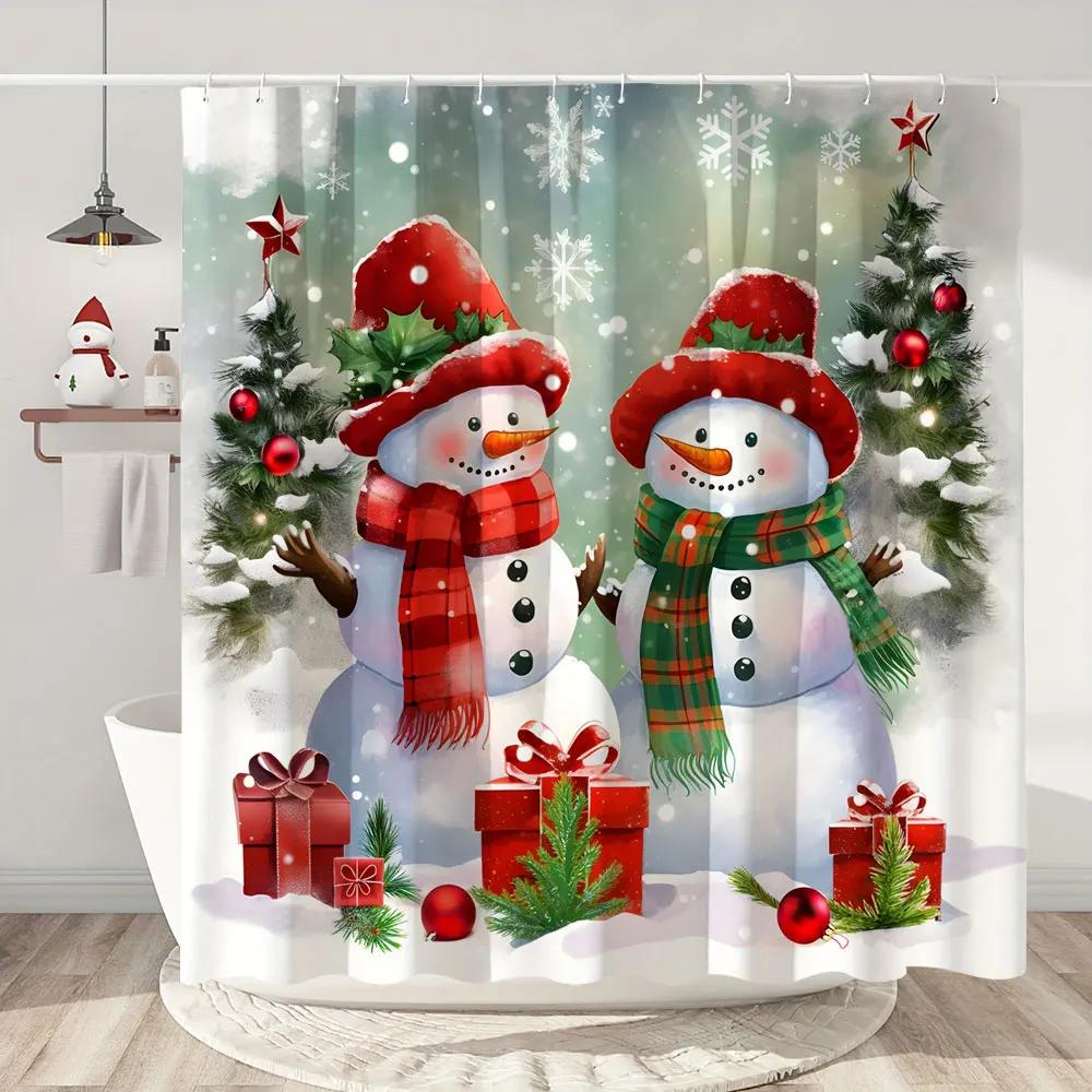 Christmas Shower Curtain Santa Claus Christmas Gifts Snowman Happy Holidays Polyester Shower Curtains Bathroom Deco with Hooks