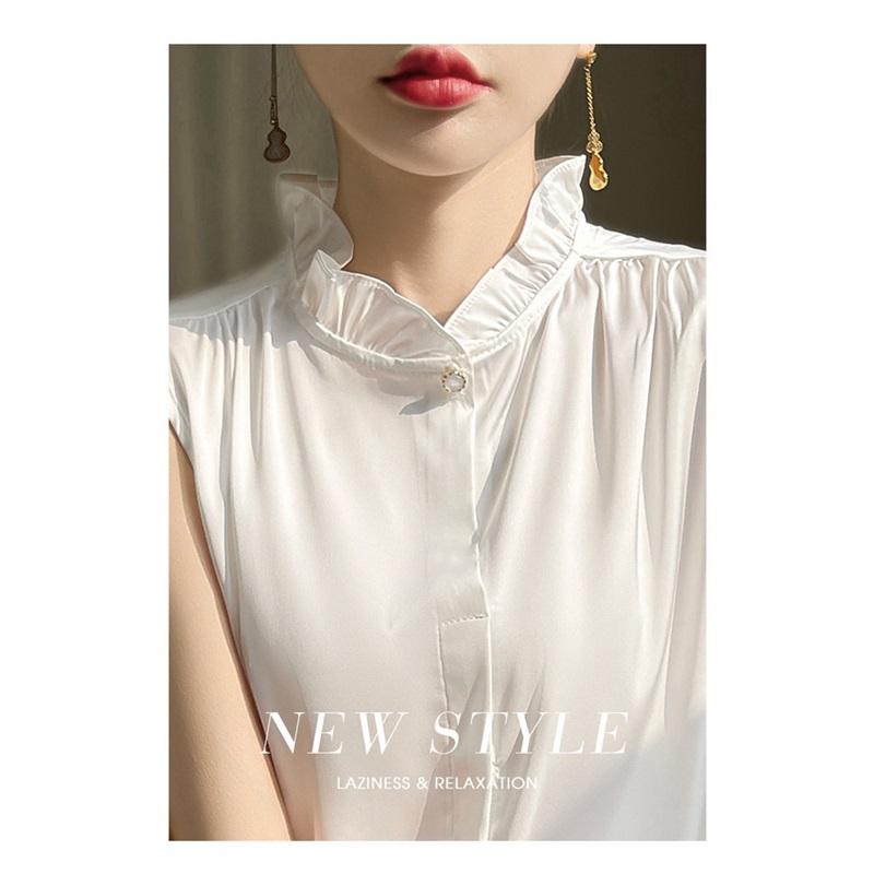 Lace Trim Sleeveless Solid Color One Button Blouse Silk Satin Slimming Commuter Shirt For Women Elegant Spring Summer Lightweight Top