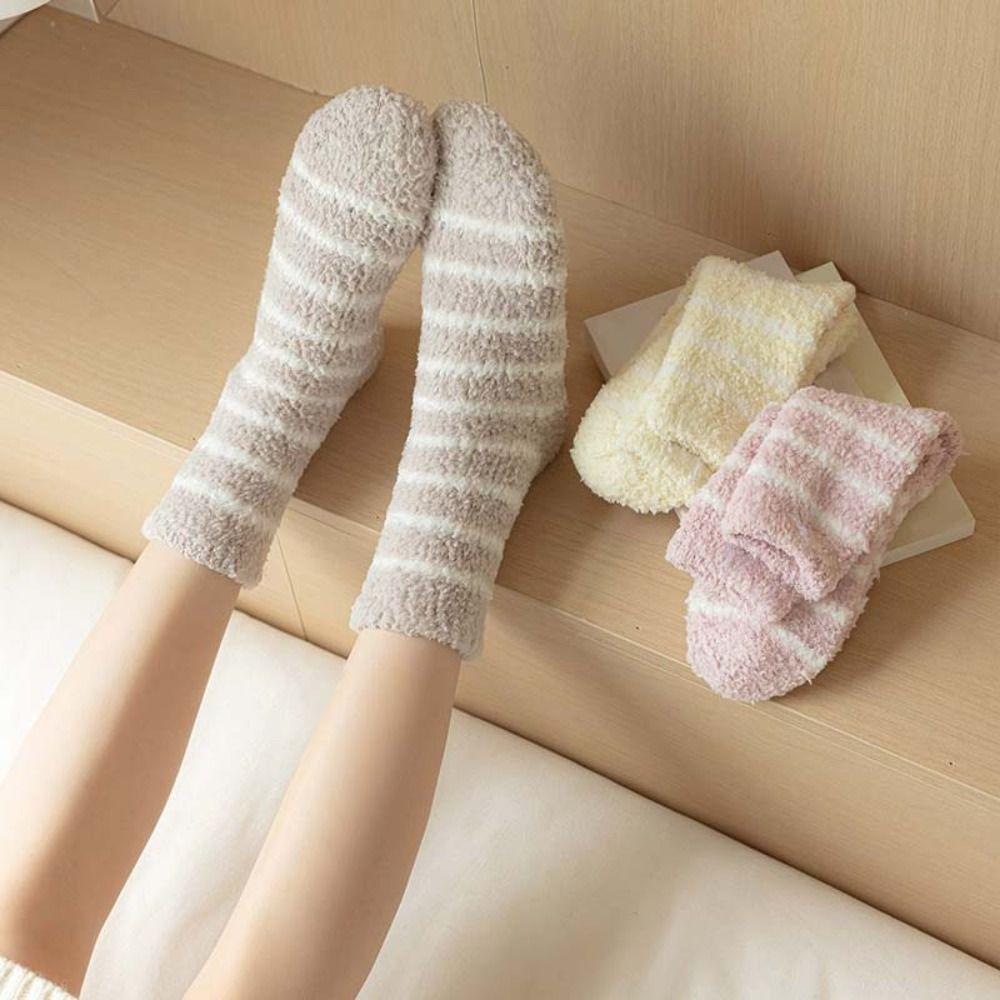6Pairs Plush Coral Fleece Socks Stripe Sleeping Socks Fashion Thicken Velvet Socks  Fall/Winter