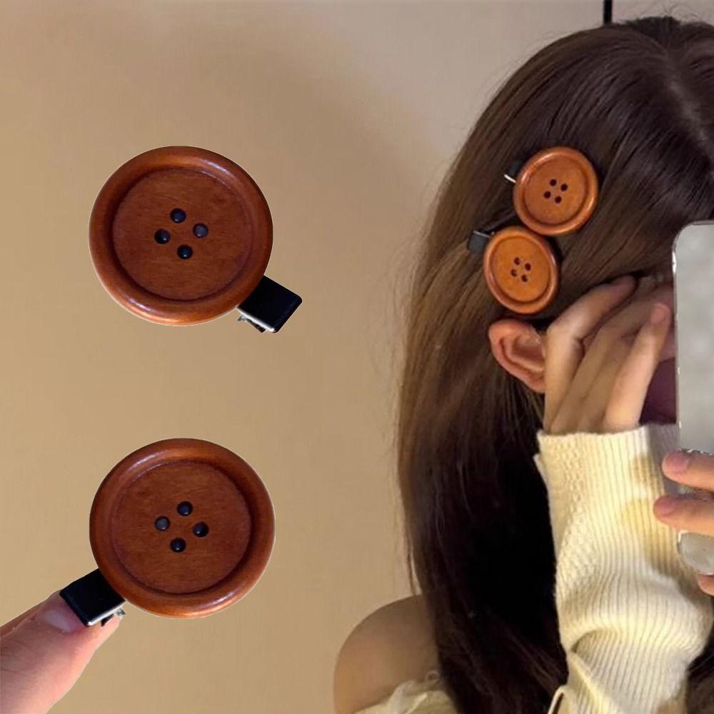 Brown Button Hair Clip Fashion Styling Bangs Hairpin Retro Headdress  Women Girls