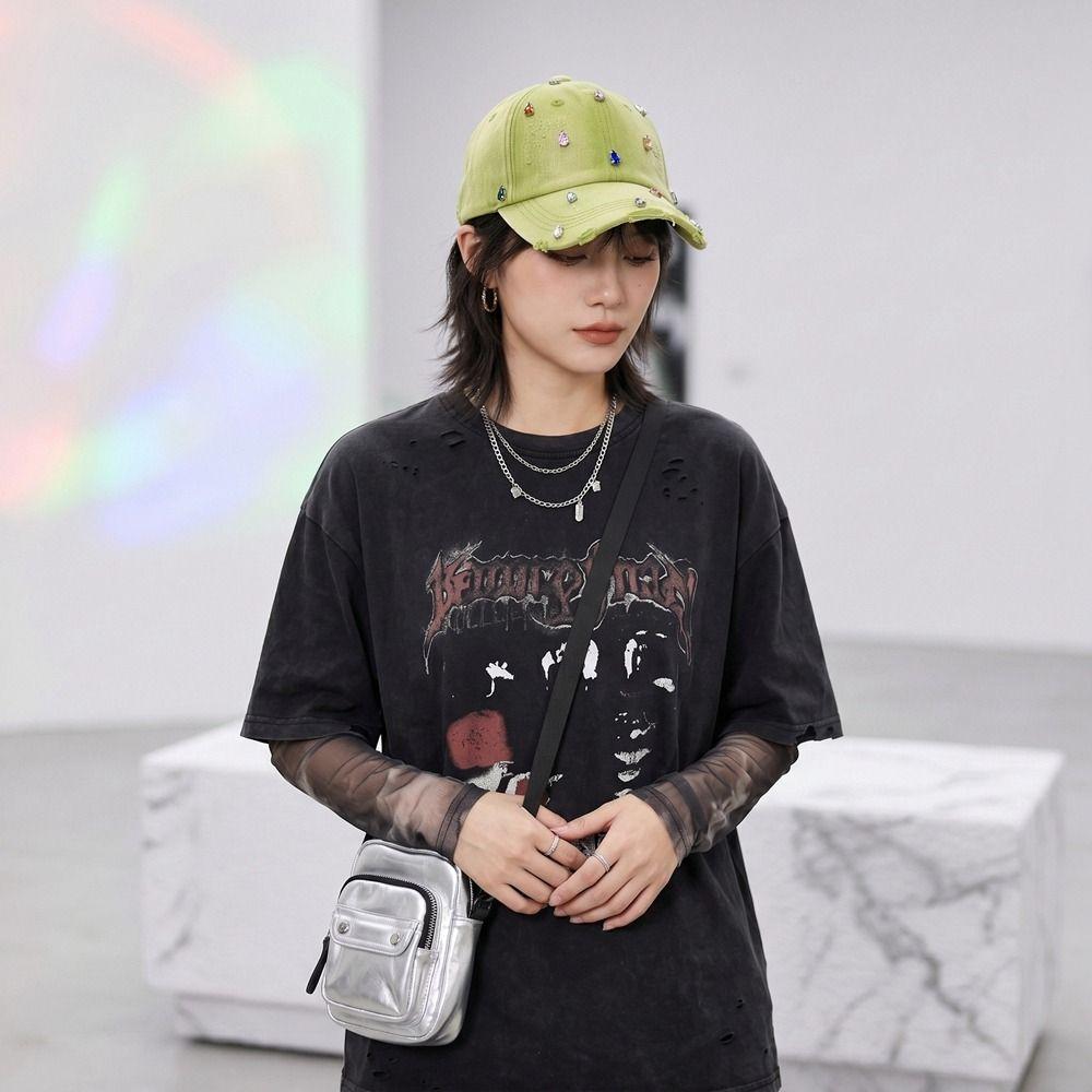 Creative Colorful Rhinestones Baseball Cap Distressed Design Cotton Sunscreen Hat Fashion Solid Color Sunshade Hat Outdoor