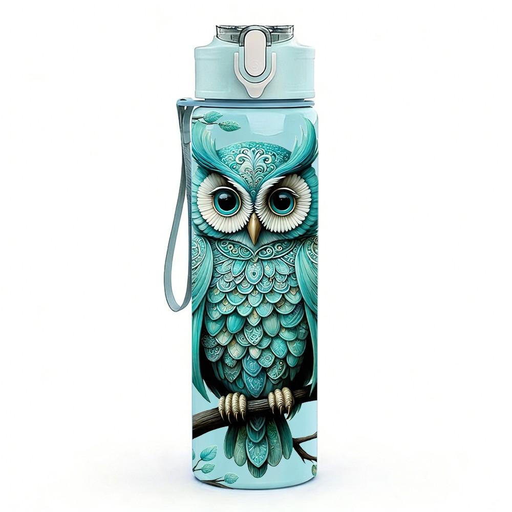 1PC Forest Owl Teal Vintage Illustration Art 750ml Color Plastic Sports Water Bottle Leakproof Flip Straw Lid Suitable for Sports Office Home Use