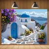 Santorini Greece Tapestry Backdrop, Mediterranean Coastal Background for Photoshoot