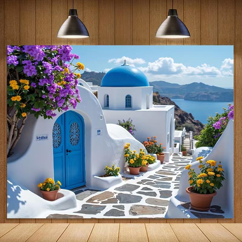 Santorini Greece Tapestry Backdrop, Mediterranean Coastal Background for Photoshoot