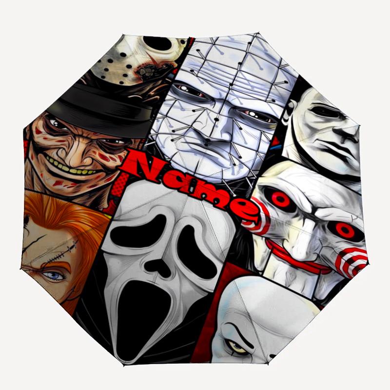Custom Name Halloween horror Theme Automatic Umbrella, Lightweight & Portable, 8 Rib, Perfect for Outdoor Travel, Birthdays, Christmas, Gifts.