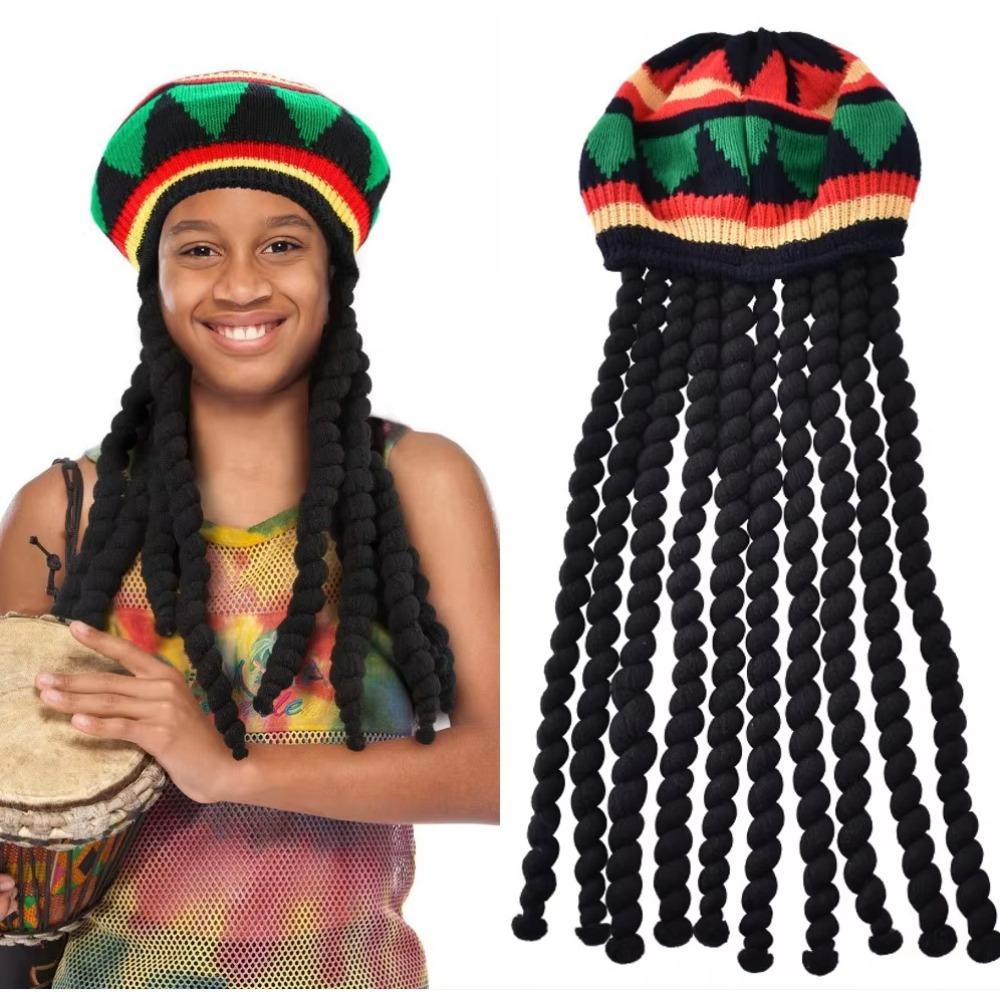 Fake Braids Dreadlocks Beanie Hat Jamaican Rasta Reggae Cap Crochet Knitted Skull Cap Unisex Men Women Halloween Christmas Party