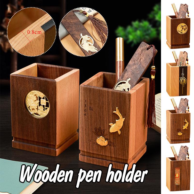 1pc Solid Wood Pen Holder Light Luxury Office Desk Storage Box Vintage National Style Home Office Ornaments Holiday Gifts