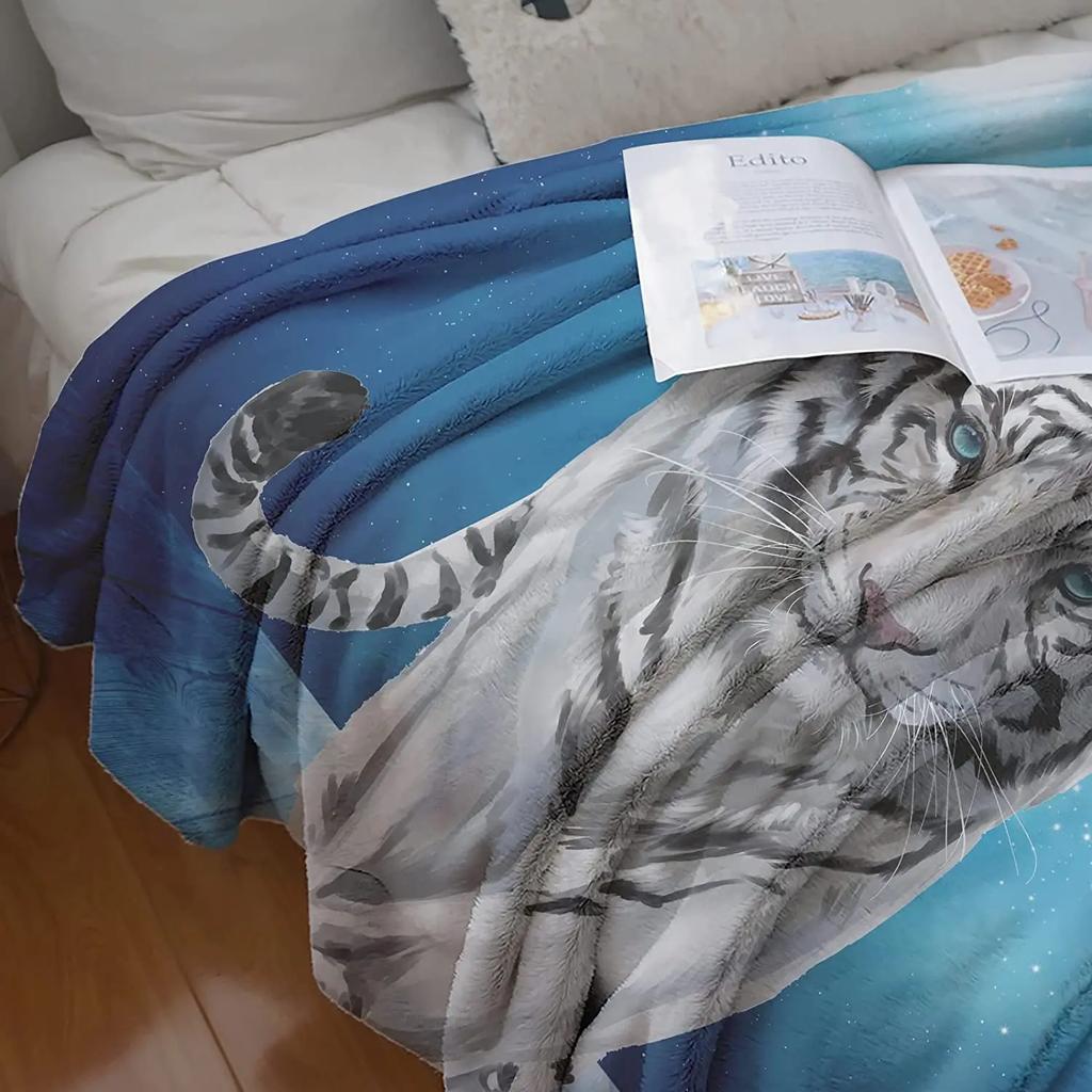 Coperta Plaid Tigre Bianco Morbida Accogliente Calda Coperta in Flanella Tigre Bianco Siberiano Sotto La Notte Stellata Blu Coperte per Divano Letto