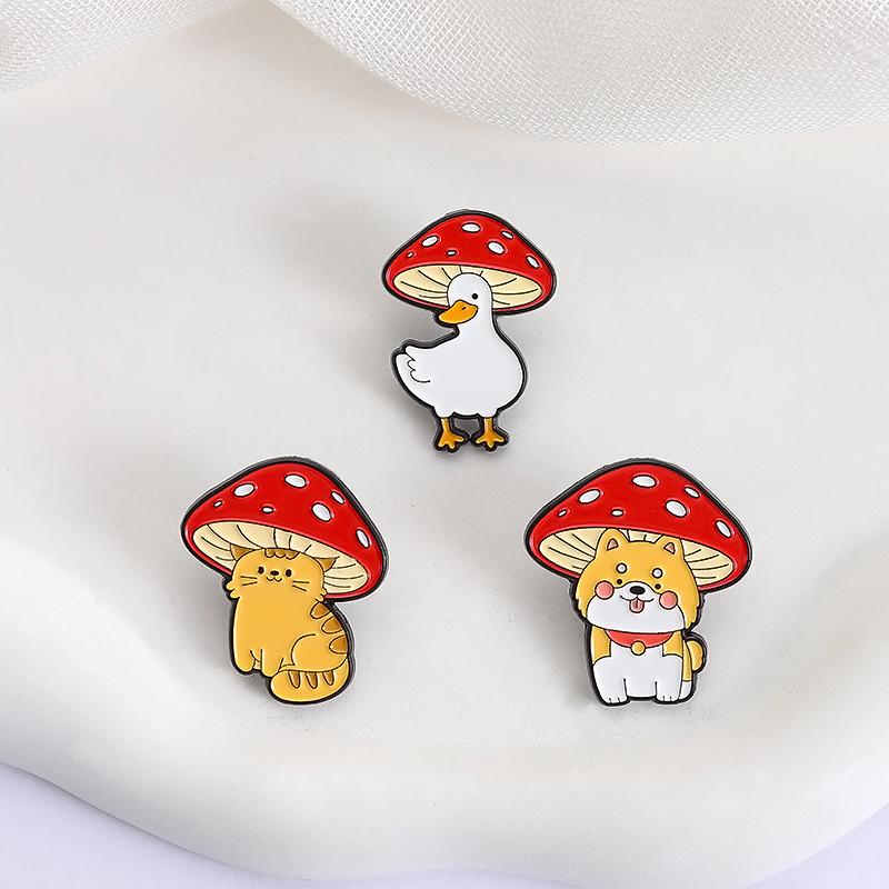 Kawaii Cat Under Mushroom Cap Enamel Pins Cute White Goose Dog Cartoon Animal Brooches Lapel Badge Jewelry Gifts for Friends