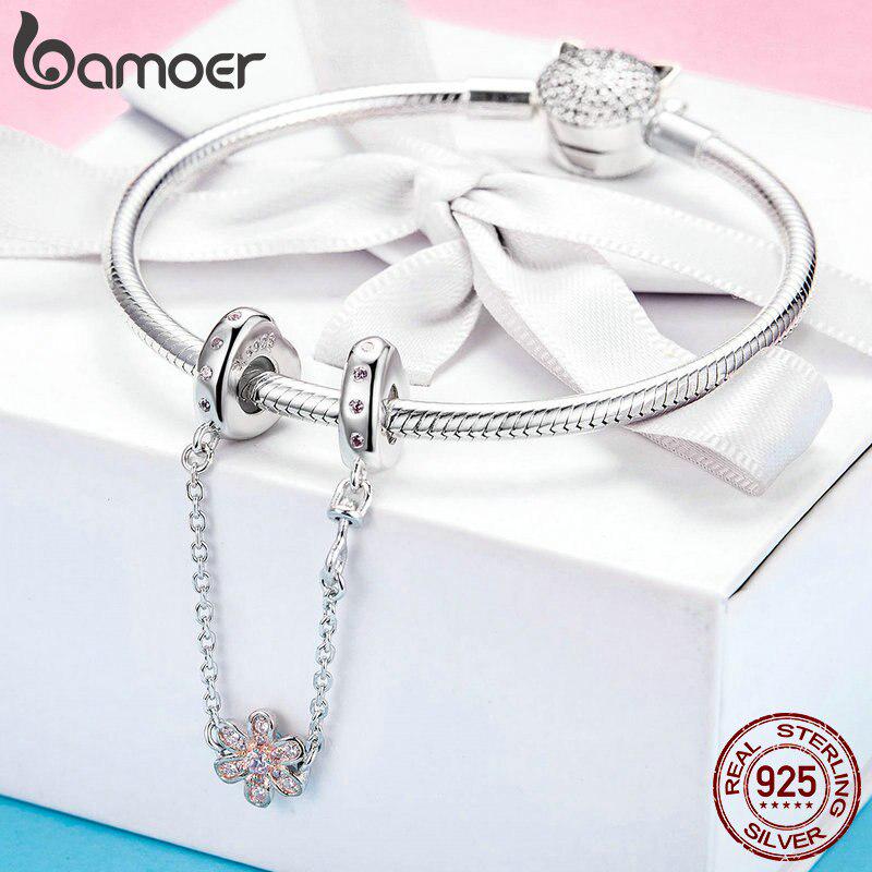 BAMOER Genuine 925 Sterling Silver Love Heart & Flower Safety Chain Stopper Charms Fit Pendants