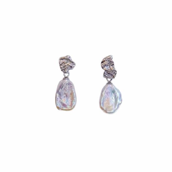 Ice melting·Natural freshwater iridescent crushed silver baroque pearl earrings S9Sterling silver asymmetrical earrings