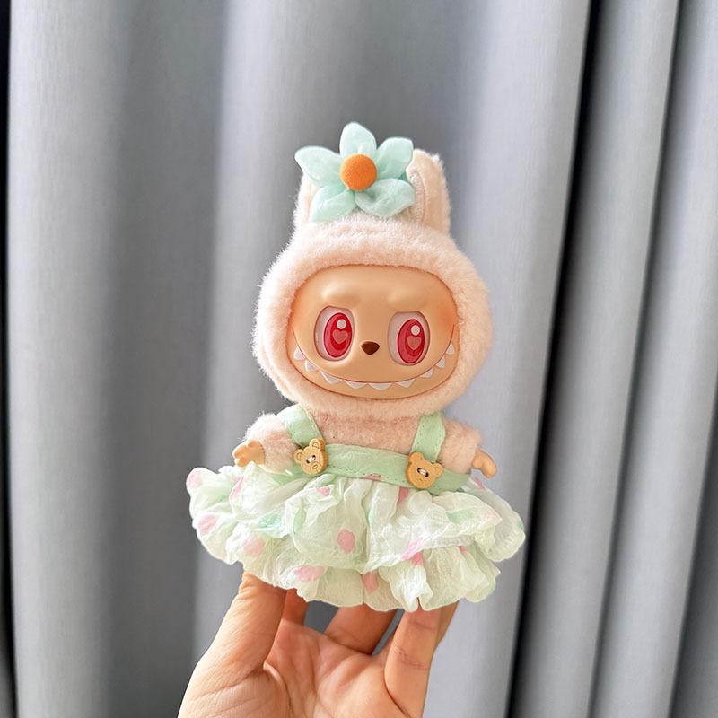 Kawaii Kleiderset für Labubu 17cm Plüschpuppen Outfit Zubehör Plüschpuppen Kleidung Herzschlag Macaron Partypuppen Kleidung Set