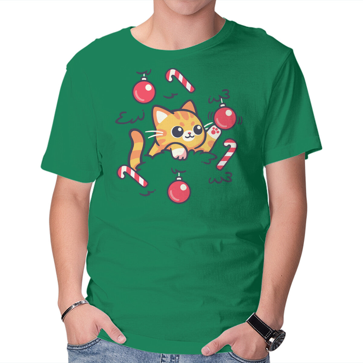 Unisex Crew Neck T-Shirt Cat In The Christmas Tree Graphic Short Sleeve Casual Tee L