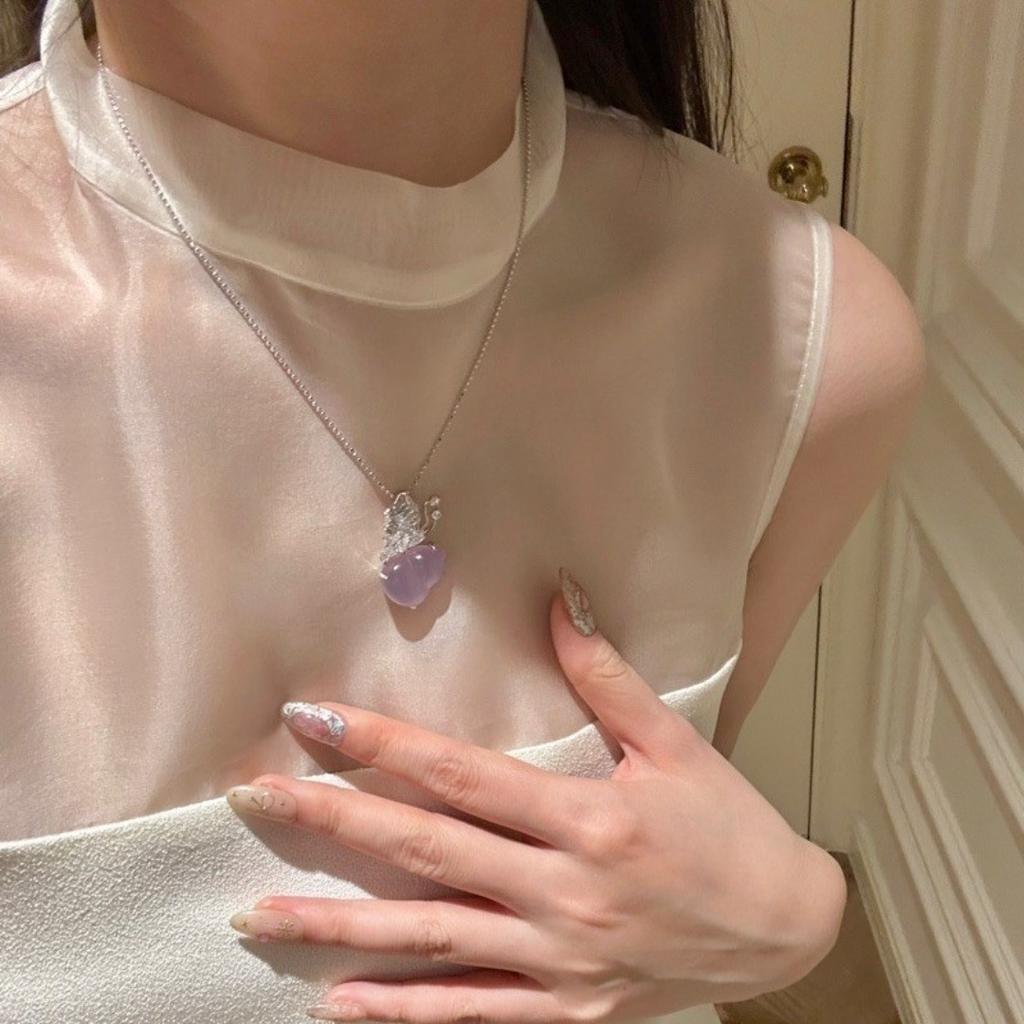 Sterling silver dream purple butterfly gourd necklace purple chalcedony clavicle chain women's high carbon diamond new Chinese pendant