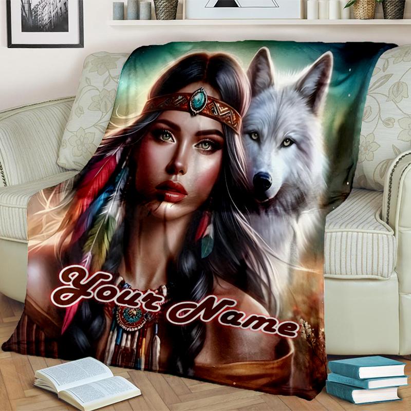 1PC Custom Name Wolf Spirit Connection flannel blanket versatile,all-season throw suitable for the living room,bedroom,camping,travel,and gift