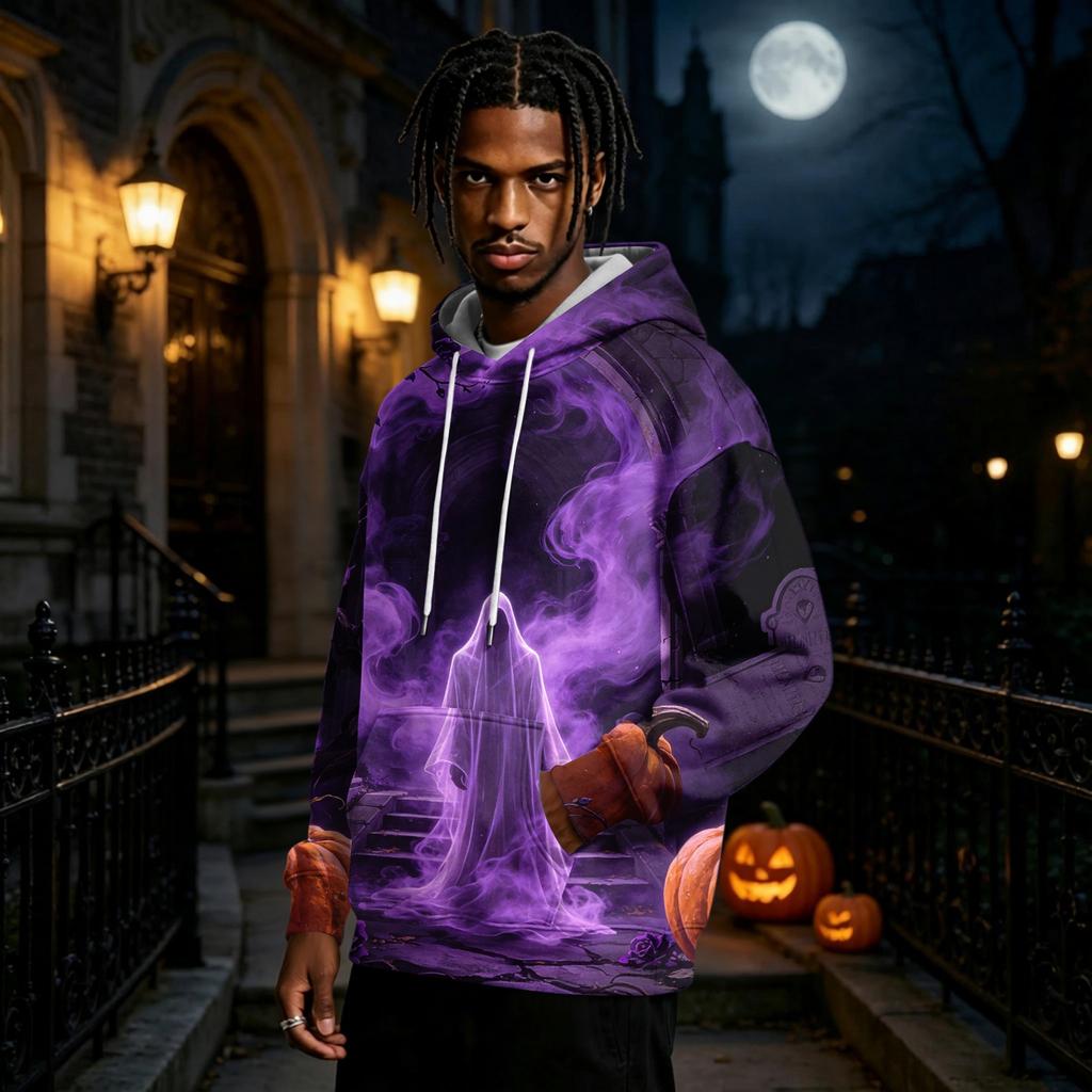 Men's Halloween Print Hoodie Long Sleeve Pullover Sweatshirt Casual Top