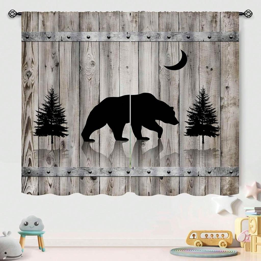 Rustic Bear Curtain  Farmhouse Cabin Country Wild Animal Vintage Wooden Board Forest Printed Bedroom Living Room Kitchen Window