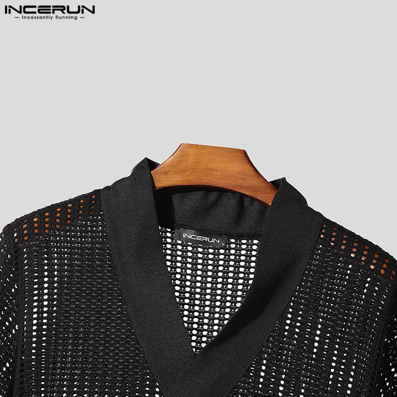 INCERUN Men V Neck Short Sleeve Hollow Out Front Cross Bandage Beach T-shirts