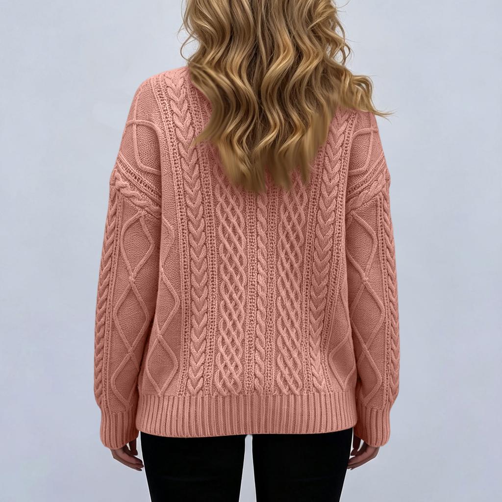 Women's Cable Knit Pullover V-Neck Long Sleeve Loose Fit Color Sweater for Fall Winter